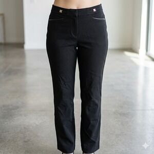 Workwear Chic Anne Klein Black Dress Pants Size 6 Faux Leather Trim [Pre-owned]